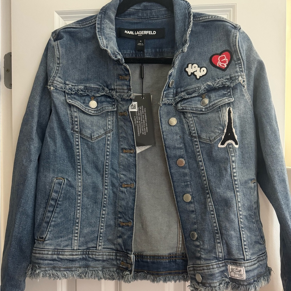 Karl Lagerfeld Denim Jacket with Patches, new with tags